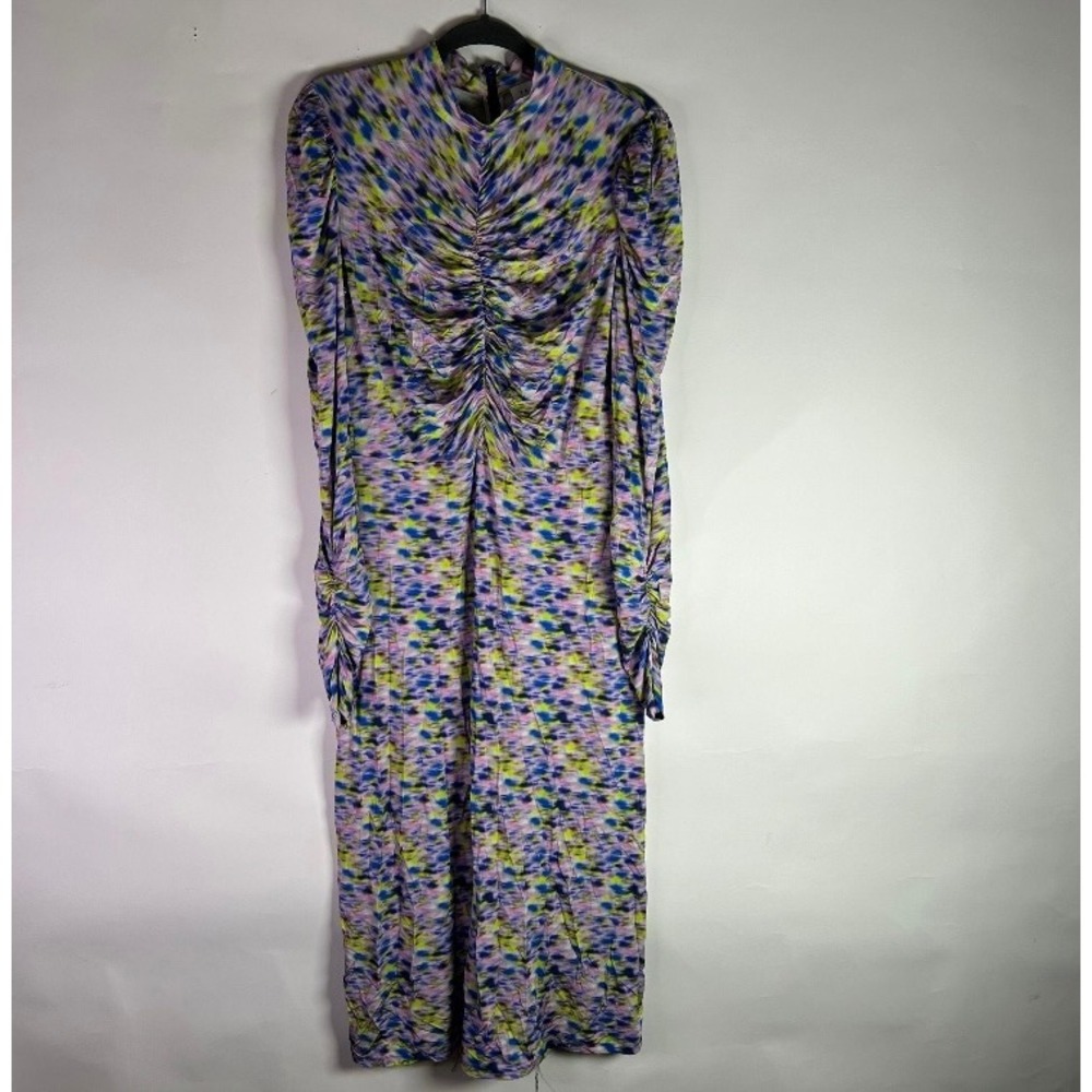 Tanya Taylor Maxi Dress Womens XL Abstract Print Ruched High Neck Long Sleeve